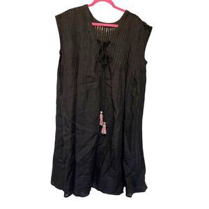 Embellish Black Linen Tunic Dress With Tassel Tie Detail Size L Relaxed Fit Made